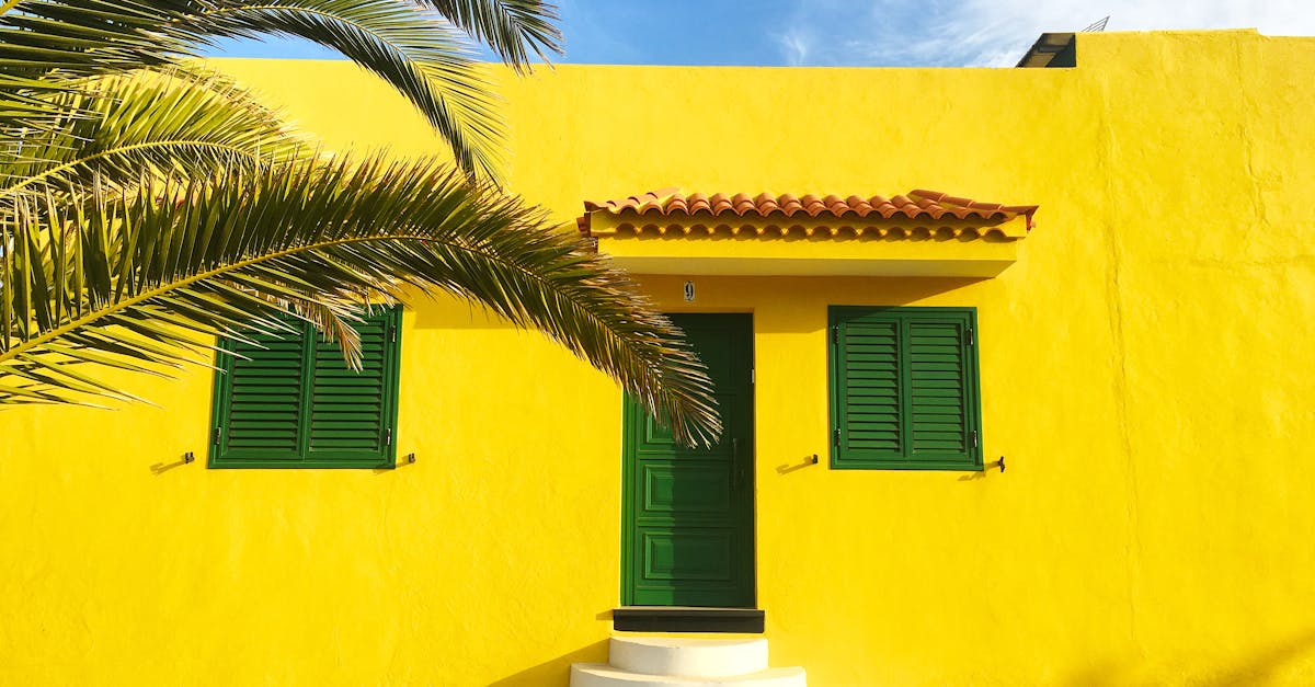 Vibrant yellow house facade in Spain with green shutters and a palm tree.